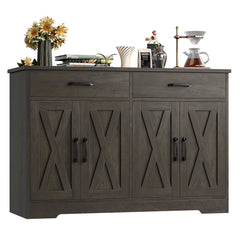 Hiphuta 47"farmhouse Sideboard Storage Cabinets with 4 Doors & 2 Drawers, Coffee Bar with Brown Top for Living Room, White