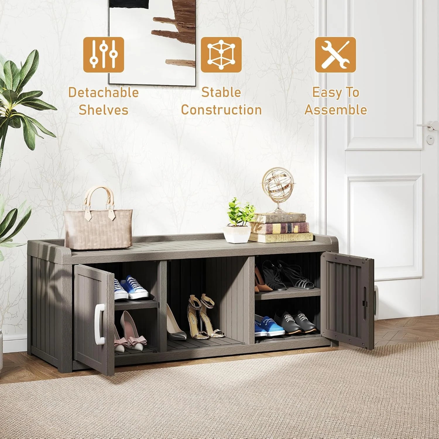 KAMABOKO Outdoor Shoe Storage Cabinet, Waterproof UV - Resistant Entryway Storage Bench Indoor Outdoor with 2 Barn Doors, Adjustable Shelves for Entryway, Bedroom, Hallway, Living Room(Black)