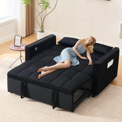 Velvet 3 - in - 1 Convertible Sofa Bed - USB Charging, Adjustable Backrest Pull - Out Couch Loveseat Sleeper for Living Room, Apartment & Small Space, Black