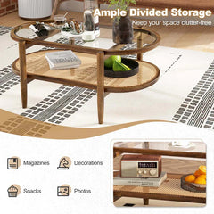 2-Tier Oval Boho Coffee Table with Tempered Glass Top, Rattan Shelf & Acacia Wood Frame, Mid Century Modern Center Table for Living Room Office