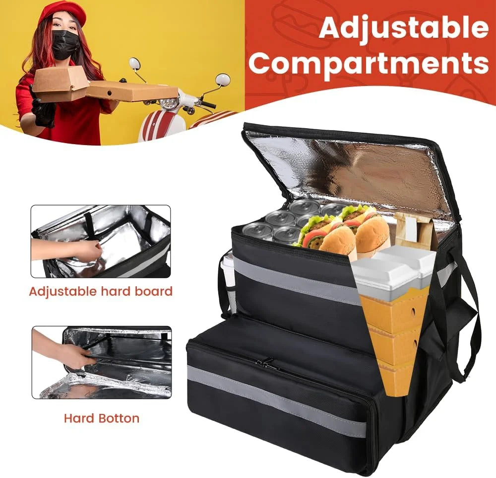 Large Insulated Food Delivery Bag, Expandable Cooler Backpack for Doordash Uber Eats, Reflective Strip Cup Holders, Reusable Pizza Carrier with Hand Straps, Bike Motorcycle Use