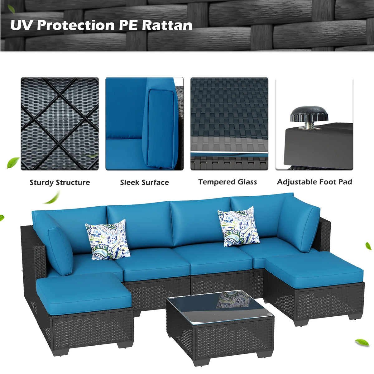 AECOJOY 7 Piece Outdoor Patio Furniture Set, Black& Peacock Blue