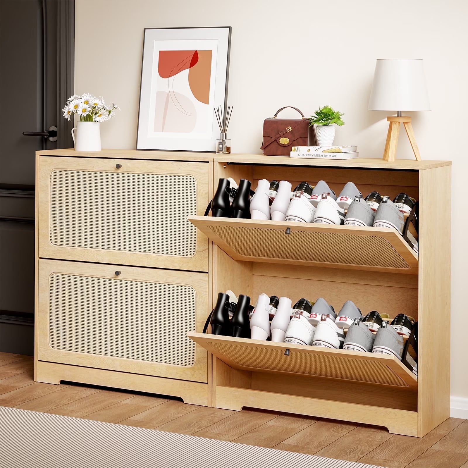Hommpa Rattan Shoe Cabinet with 2 Flip Drawers & Adjustable Shelves 5 Tier Freestanding Tipping Bucket Shoes Storage Closet for 16 Pairs Narrow Console Table Modern Boho Entryway Shoe Rack Organizer