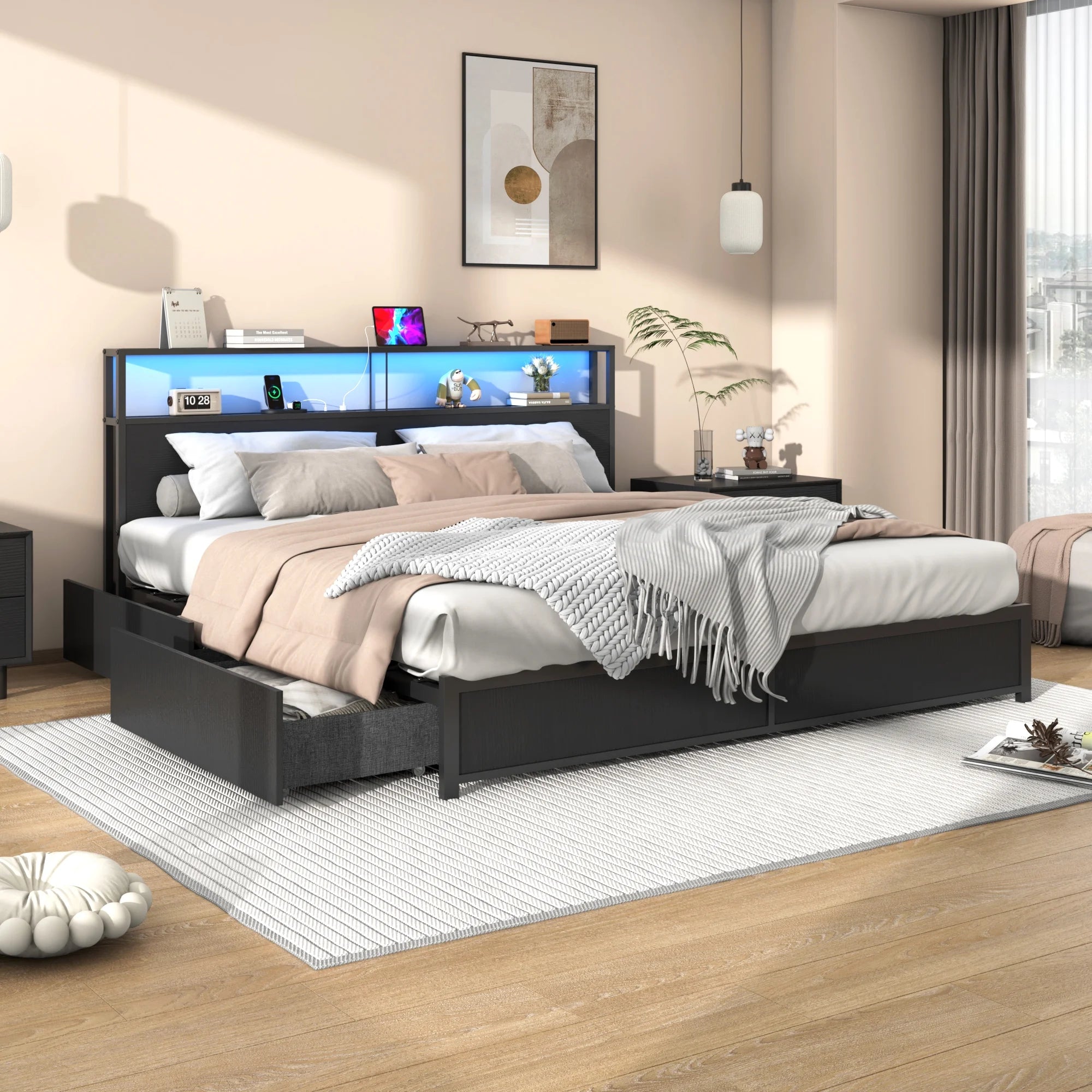 LED Full Bed Frame with Storage Headboard & 4 Drawers, Industrial Metal Platform Bed with Power Charging Station & USB Ports