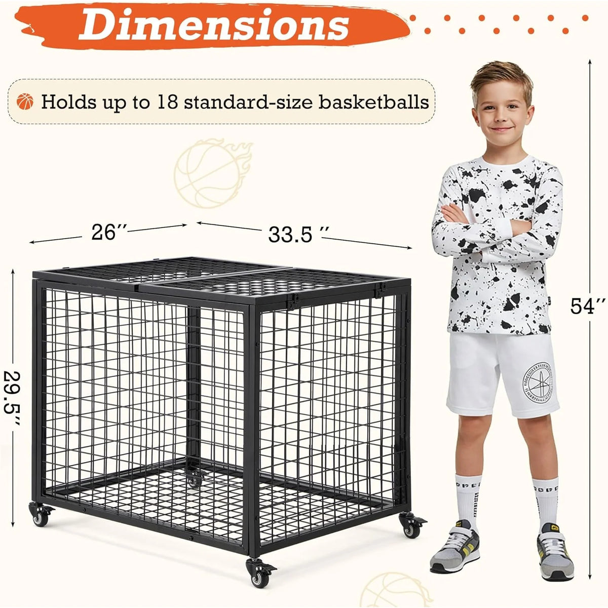 AECOJOY Ball Cart Storage, Rolling Basketball Bin with Wheels for Garage, School, Gym, Sports Equipment and Toy Organizer, Large