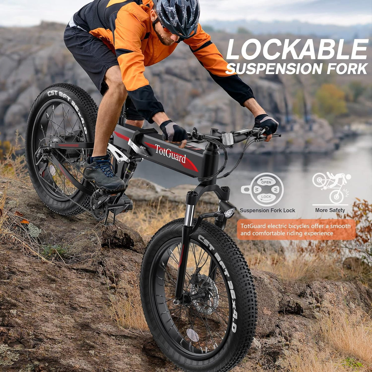Totguard 26"x4" Electric Bike, Fat Tire 500W Ebike, Foldable Electric Bicycles E Bikes for Adults Electric 48V 10ah Battery, Dual Shock Absorber, Lockable Fork UL2849