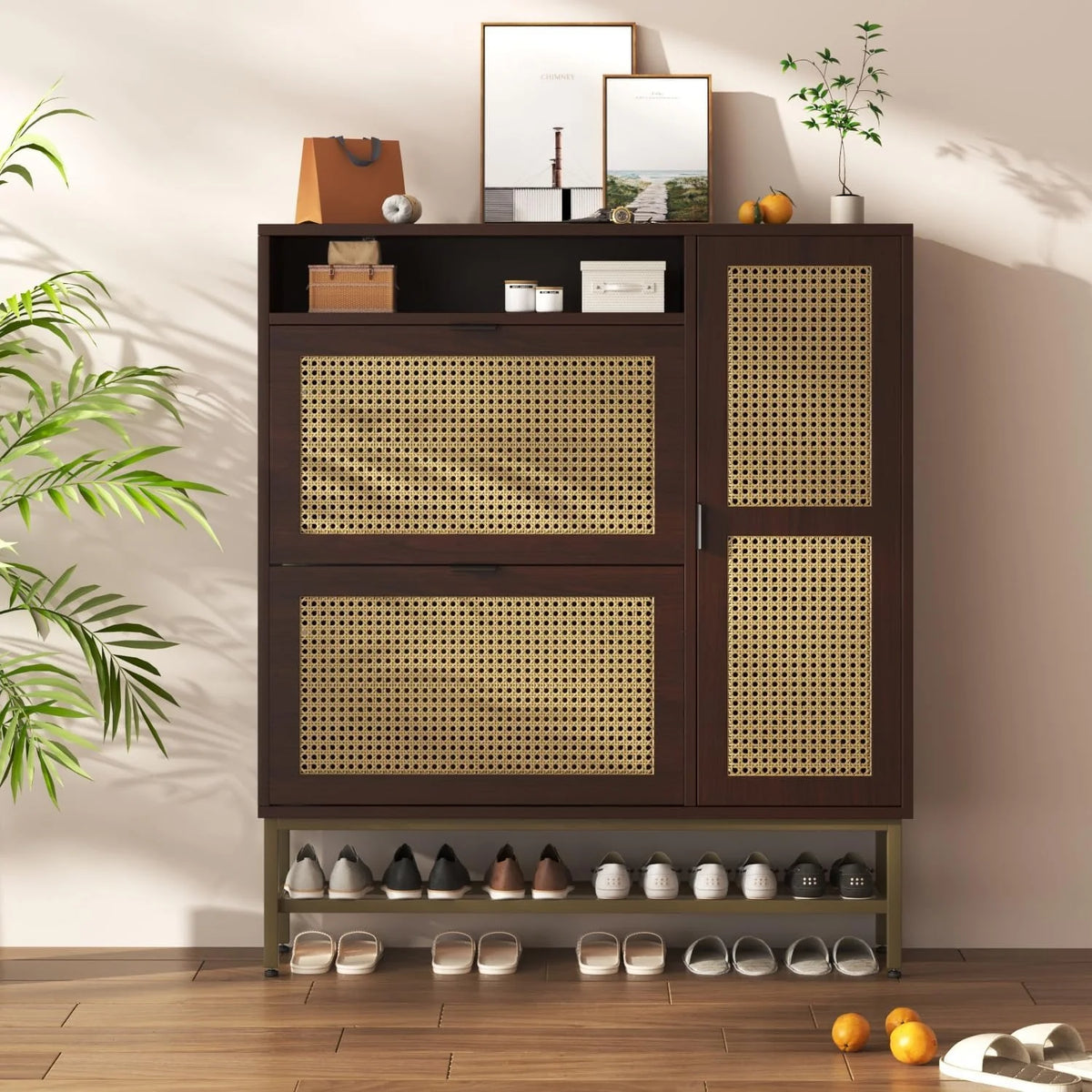 AECOJOY Rattan Shoe Cabinet with 3 Flip Drawers, Free Standing Shoe Storage Organizer with Adjustable Shelves, Fits 13 Shoes