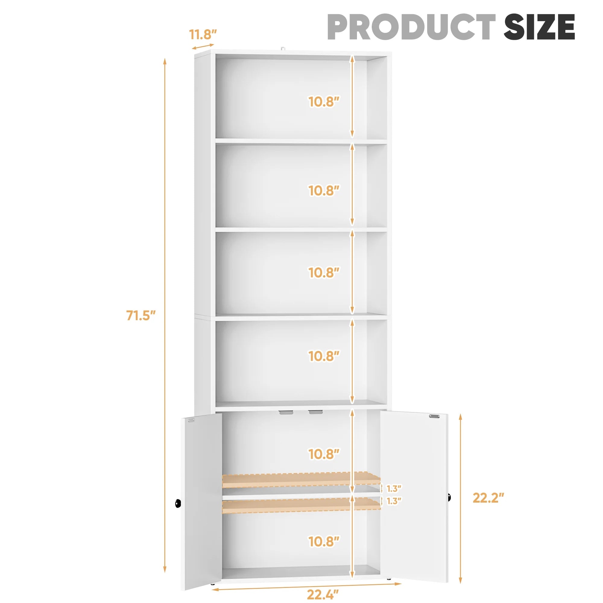 Furmax 1 Piece 4 - Shelf Farmhouse Bookcases 4 - Tier Bookshelf with Adjustable Shelves&Doors, Storage Cabinet for Home Living Room, Kitchen, Office, White
