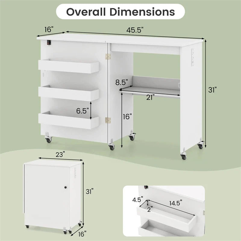 Folding Sewing Table with Charging Station, Rolling Craft Table w/ 3 Storage Trays & Shelf, Mobile Sewing Machine Cabinet for Small Spaces