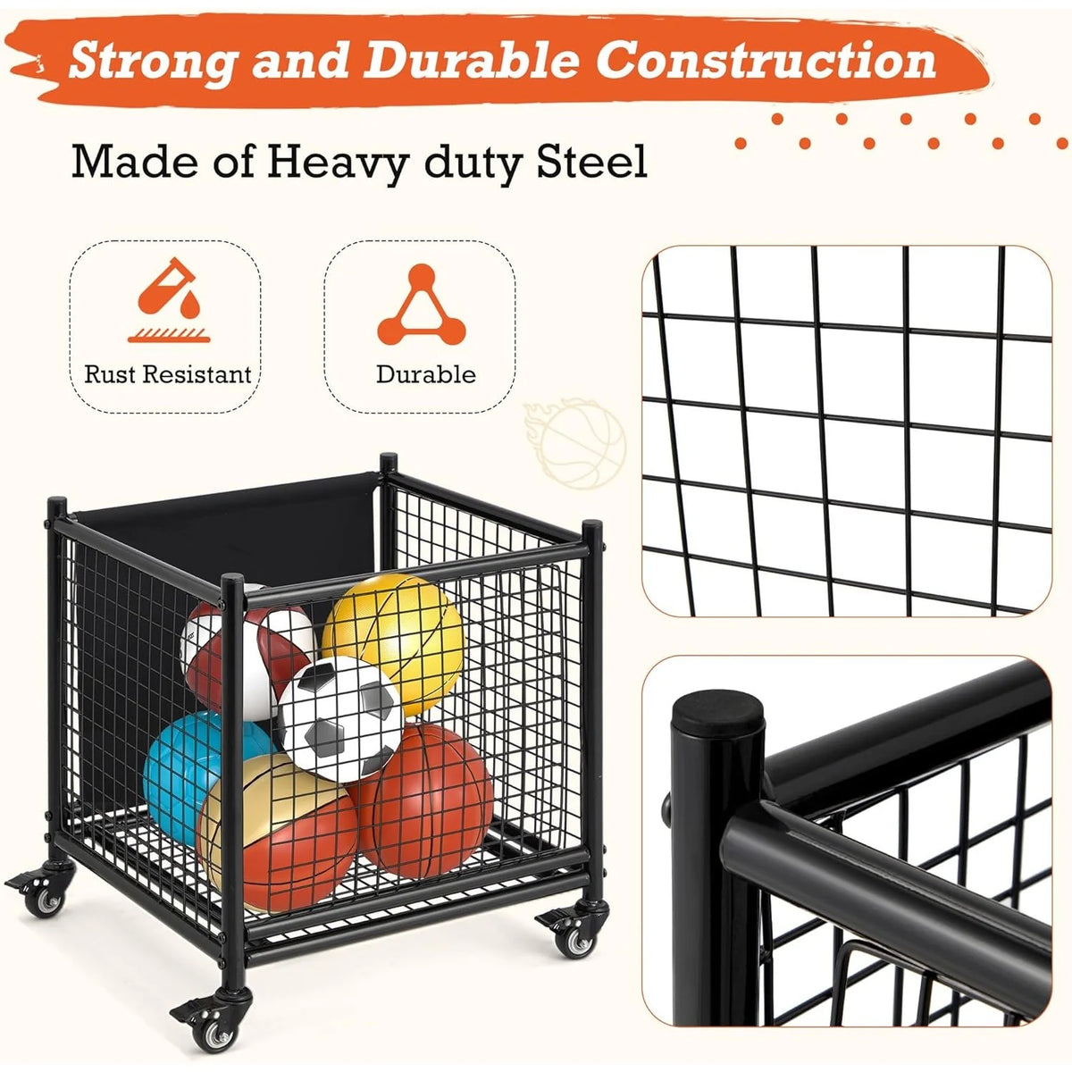 AECOJOY Ball Cart Storage, Rolling Basketball Bin with Wheels for Garage, School, Gym, Sports Equipment and Toy Organizer, Medium