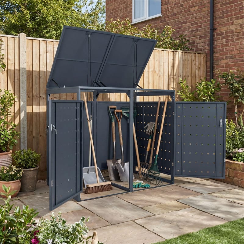 Outdoor Metal Garbage Bin Storage Shed for 2 Trash Cans, 44 Cu.Ft Double Trash Can Enclosure w/ Gas Struts & Lockable Doors, Patio Garden Bin Cabinet