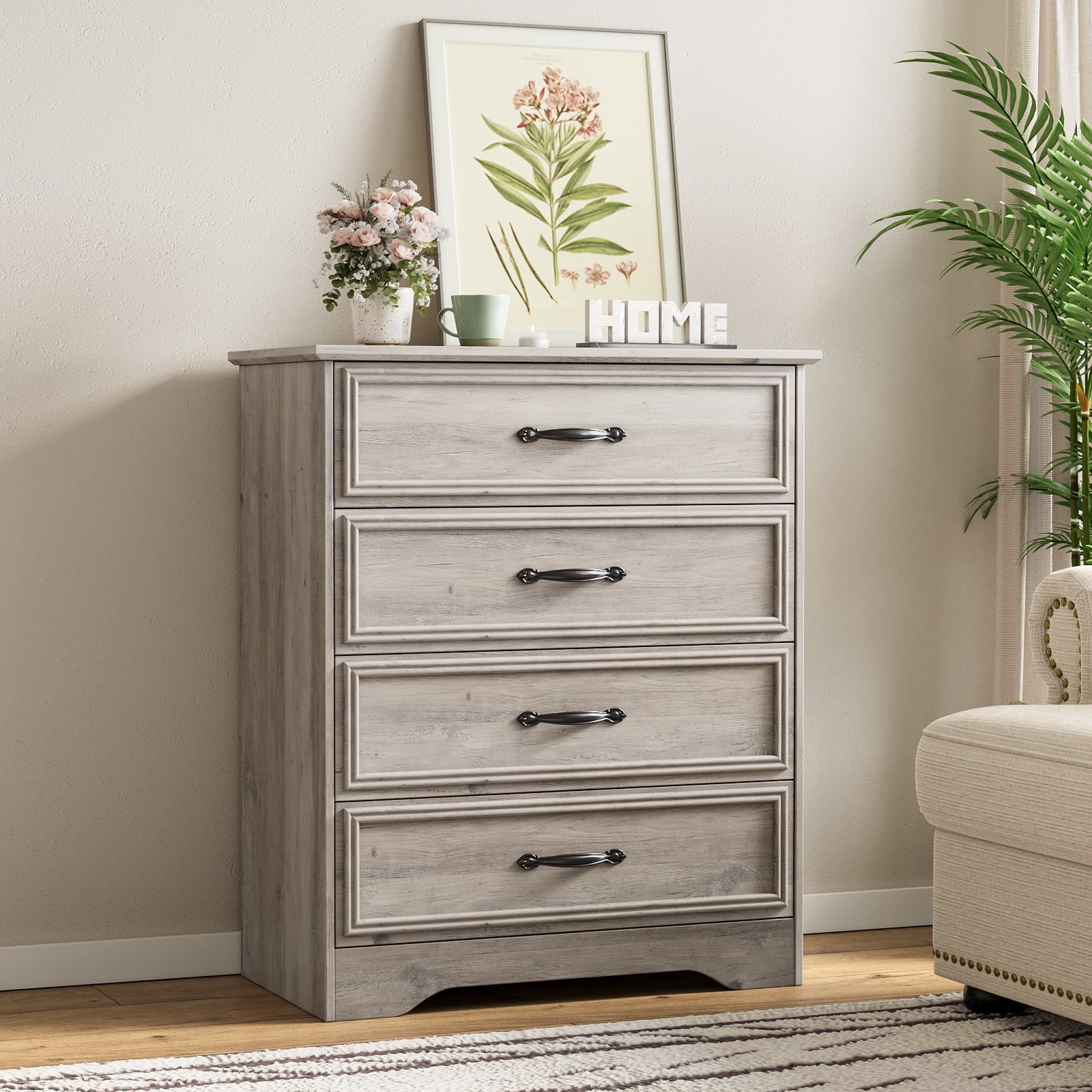 Holliwill 4 Drawer Dressers for Bedroom, Modern Wood Chest of Drawers Storage Cabinet for Living Room, Hallway, Gray
