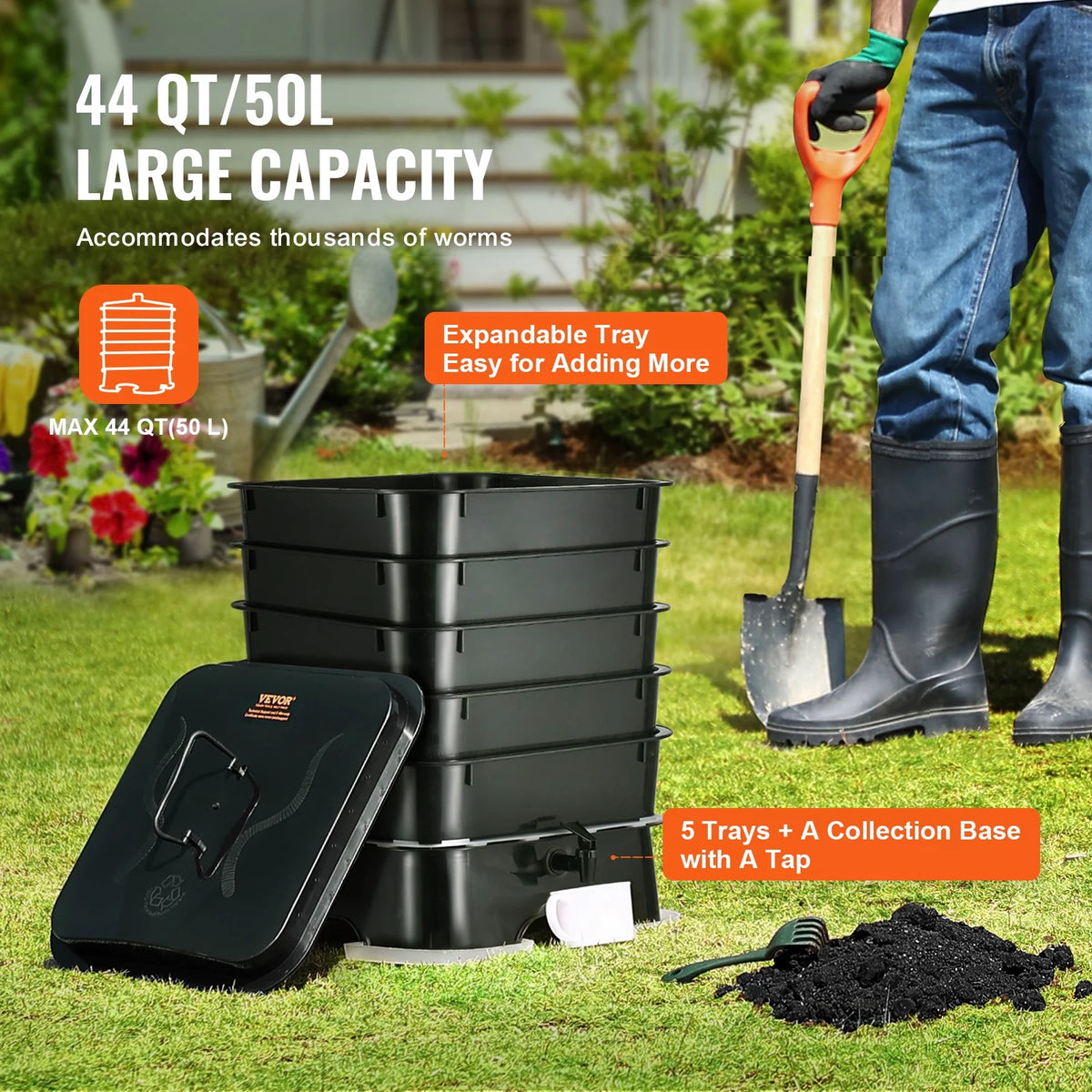 VEVOR 5 - Tray Worm Composter, 50 L Worm Compost Bin Outdoor and Indoor, Sustainable Design Worm Farm Kit, for Recycling Food Waste, Worm Castings, Worm Tea, Vermiculture and Vermicomposting