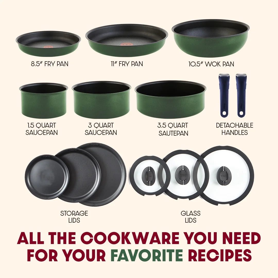 T - Fal Ingenio Expertise Nonstick 14 - Piece Cookware Set, Induction Oven Safe up to 500F, Detachable Handle, Onyx Black