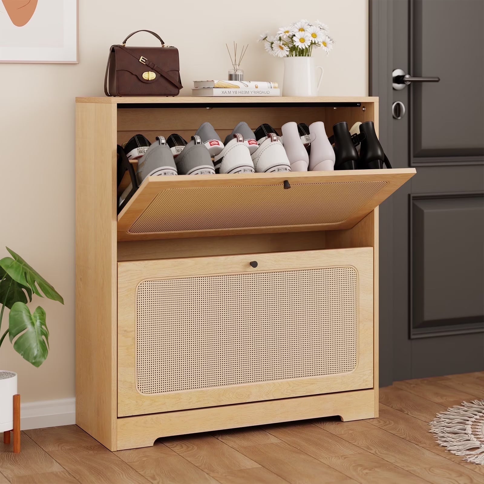 Hommpa Rattan Shoe Cabinet with 2 Flip Drawers & Adjustable Shelves 5 Tier Freestanding Tipping Bucket Shoes Storage Closet for 16 Pairs Narrow Console Table Modern Boho Entryway Shoe Rack Organizer