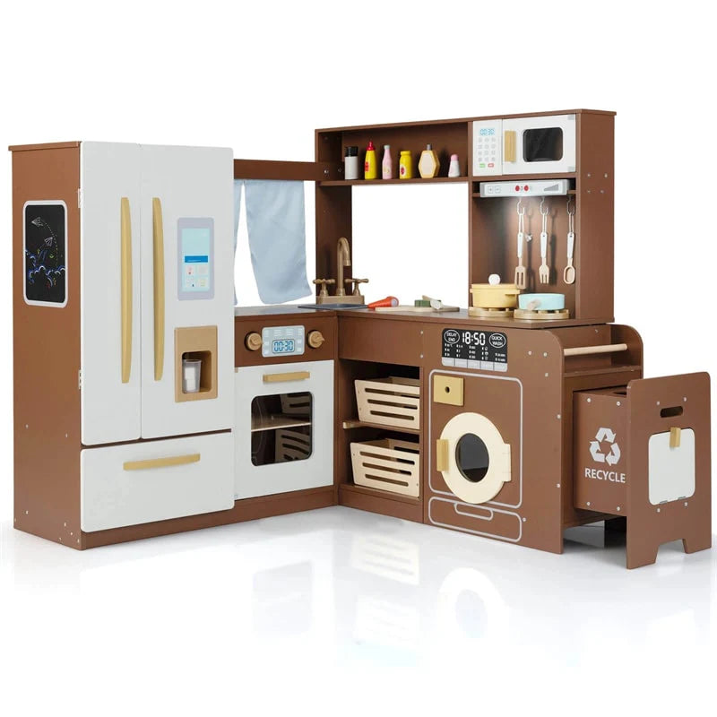 Corner Kids Kitchen Playset with Trash Can, Real Lights & Sounds, 2-Door Fridge, 22 Accessories, Wooden Pretend Play Kitchen for Toddlers 3+