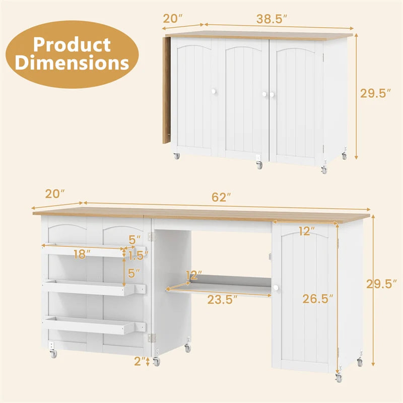 62.5" Folding Sewing Table Rolling Craft Station with Storage Cabinet & Shelves, Foldable Sewing Machine Desk w/ Lockable Wheels for Home