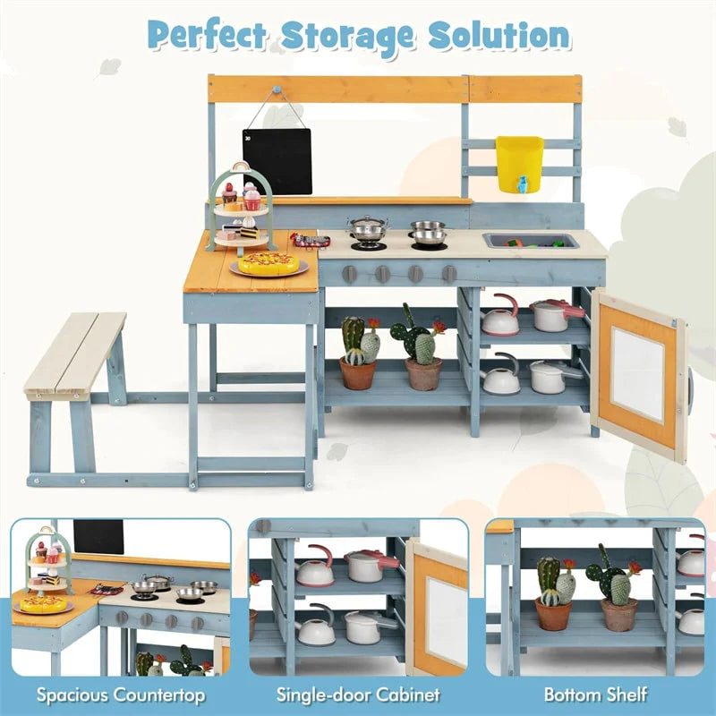 2-in-1 Mud Kitchen & Kids Picnic Table Built-in Bench, Fir Wood Outdoor Play Kitchen Playset with Blackboard, Sink & Cooking Accessories for Ages 3+