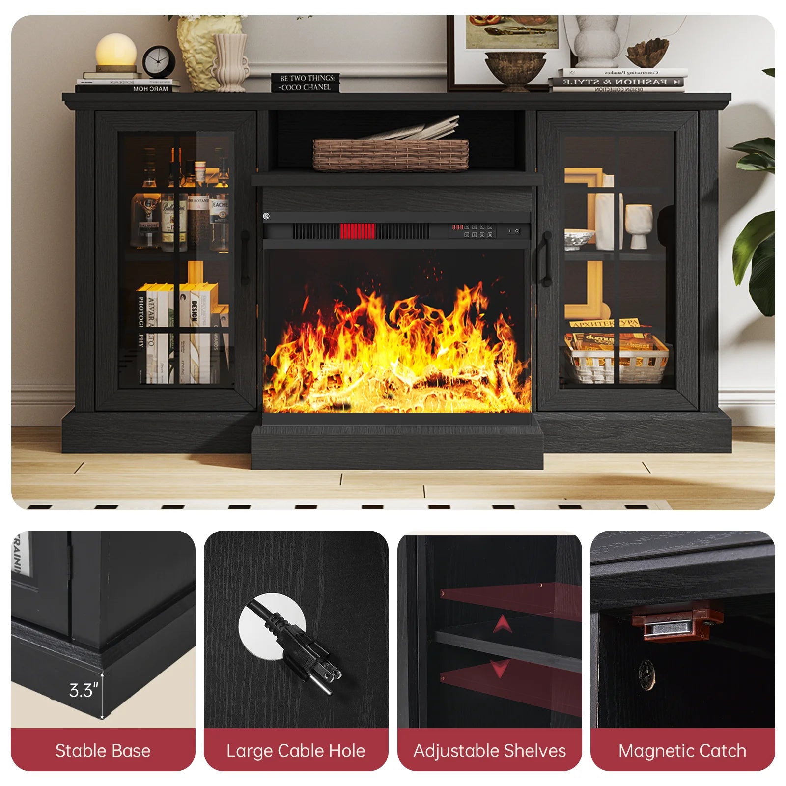 Easoger Fireplace TV Stand for Tvs up to 65", 12 Flame Colors&12 LED Light Colors, TV Console with 3-Sided Glass Fireplace, for Living Room, Gray