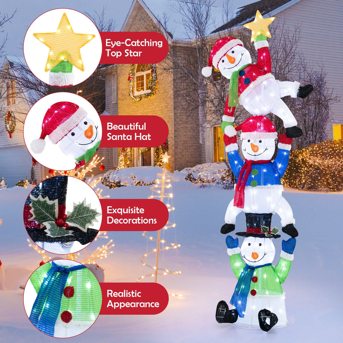 Tangkula 6 FT Lighted Christmas Stacked Snowman Set, Light-up Christmas Decoration with 155 LED Lights