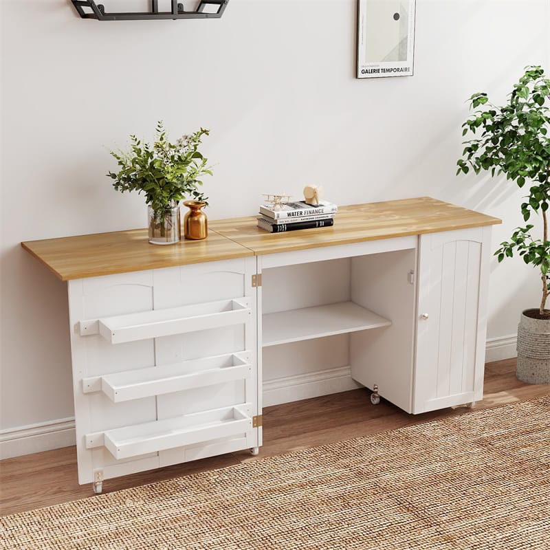 62.5" Folding Sewing Table Rolling Craft Station with Storage Cabinet & Shelves, Foldable Sewing Machine Desk w/ Lockable Wheels for Home