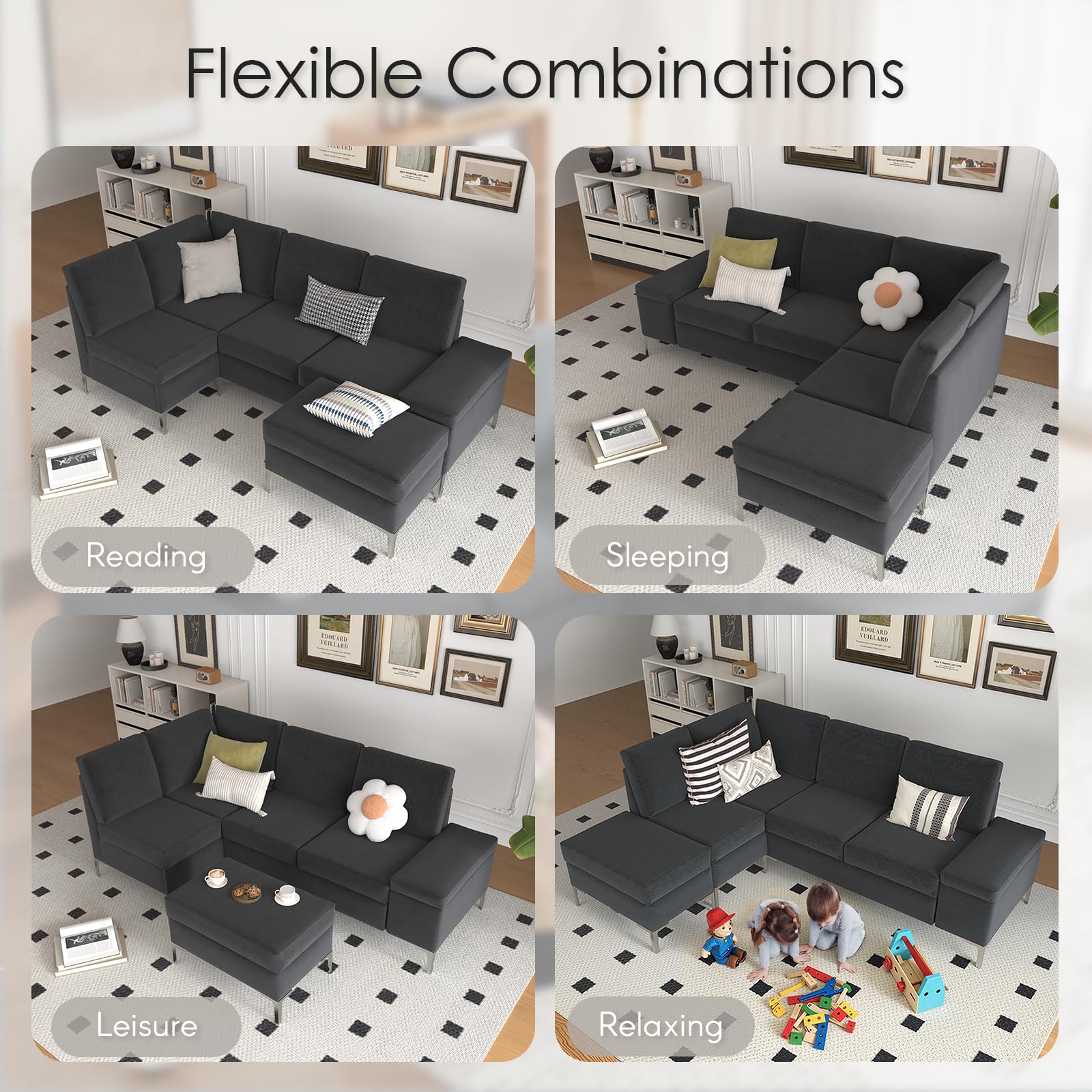 AECOJOY 87" Sectional Couch with Ottoman, Convertible Corner Couches with Armrest Storage, Black