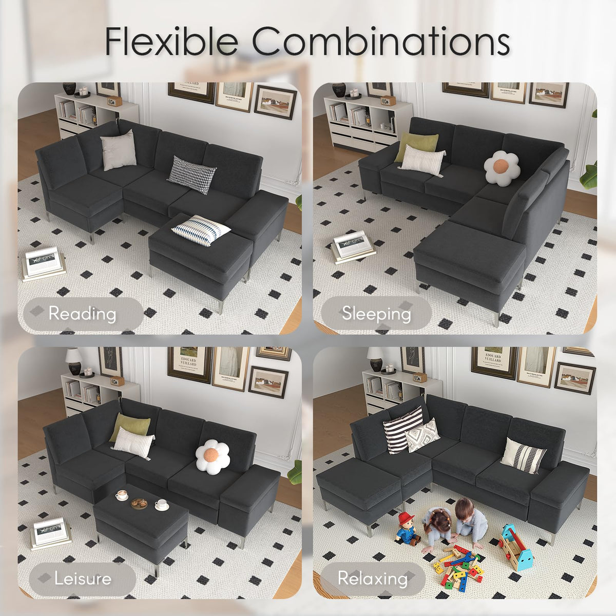 AECOJOY 87" Sectional Couch with Ottoman, Convertible Corner Couches with Armrest Storage, Black