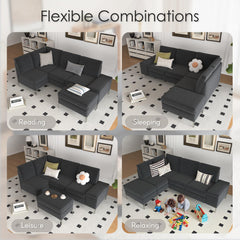 AECOJOY 87" Sectional Couch with Ottoman, Convertible Corner Couches with Armrest Storage, Black