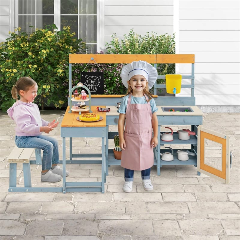 2-in-1 Mud Kitchen & Kids Picnic Table Built-in Bench, Fir Wood Outdoor Play Kitchen Playset with Blackboard, Sink & Cooking Accessories for Ages 3+