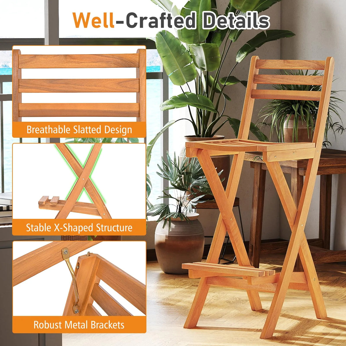 Tangkula Outdoor Portable High Top Acacia Wood Bar Height Chair with Backrest & Footrest