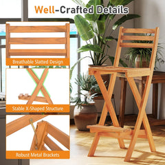 Tangkula Outdoor Portable High Top Acacia Wood Bar Height Chair with Backrest & Footrest