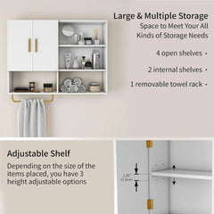 Bathroom Wall Cabinet Solid Wood Large Wall Mounted Medicine Cabinet with 2 Doors and 4 Open Shelves Over Toilet Storage Cabinet with Towel Bar (White)