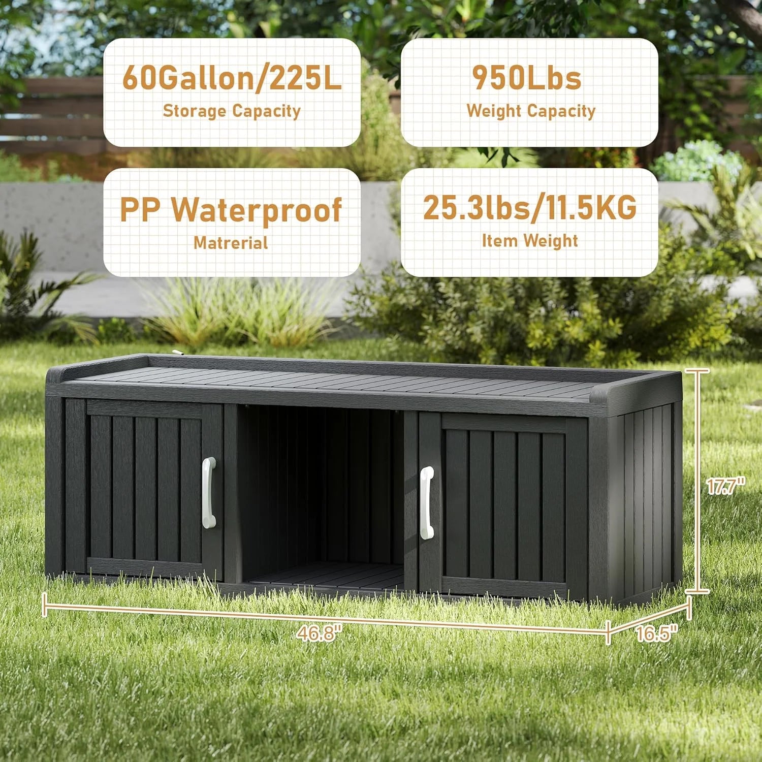 KAMABOKO Outdoor Shoe Storage Cabinet, Waterproof UV - Resistant Entryway Storage Bench Indoor Outdoor with 2 Barn Doors, Adjustable Shelves for Entryway, Bedroom, Hallway, Living Room(Black)