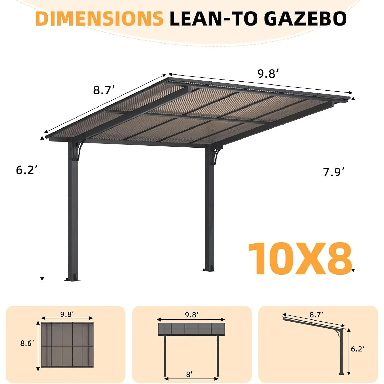 AECOJOY 10' x 8' Gazebo Outdoor Pergola for Patio, 8x10 Freestanding Lean to Hard Top Grill Gazebo