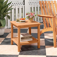 Tangkula 2 Tier Acacia Wood Square End Table with Slatted Tabletop & Storage Shelf