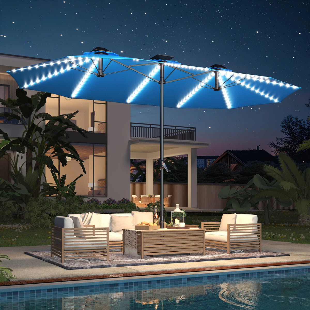 AECOJOY 15ft Patio Double-Sided Umbrella, 156 PCS Solar LED Light Outdoor Large Umbrella, Sky Blue