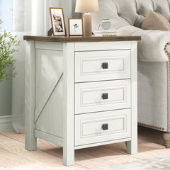 IDEALSOUL Nightstand, Bedside Table with Charging Station, Farmhouse 3 Drawer Nightstand Rustic Night Stand End Tables for Bedroom Living Room, Gray