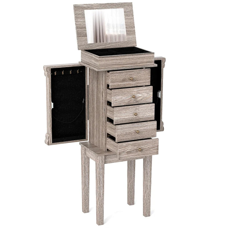 Standing Jewelry Armoire Cabinet with Flip Top Mirror, 5 Drawers & 2 Swing Doors, Velvet Lined Jewelry Storage Organizer for Necklaces Rings