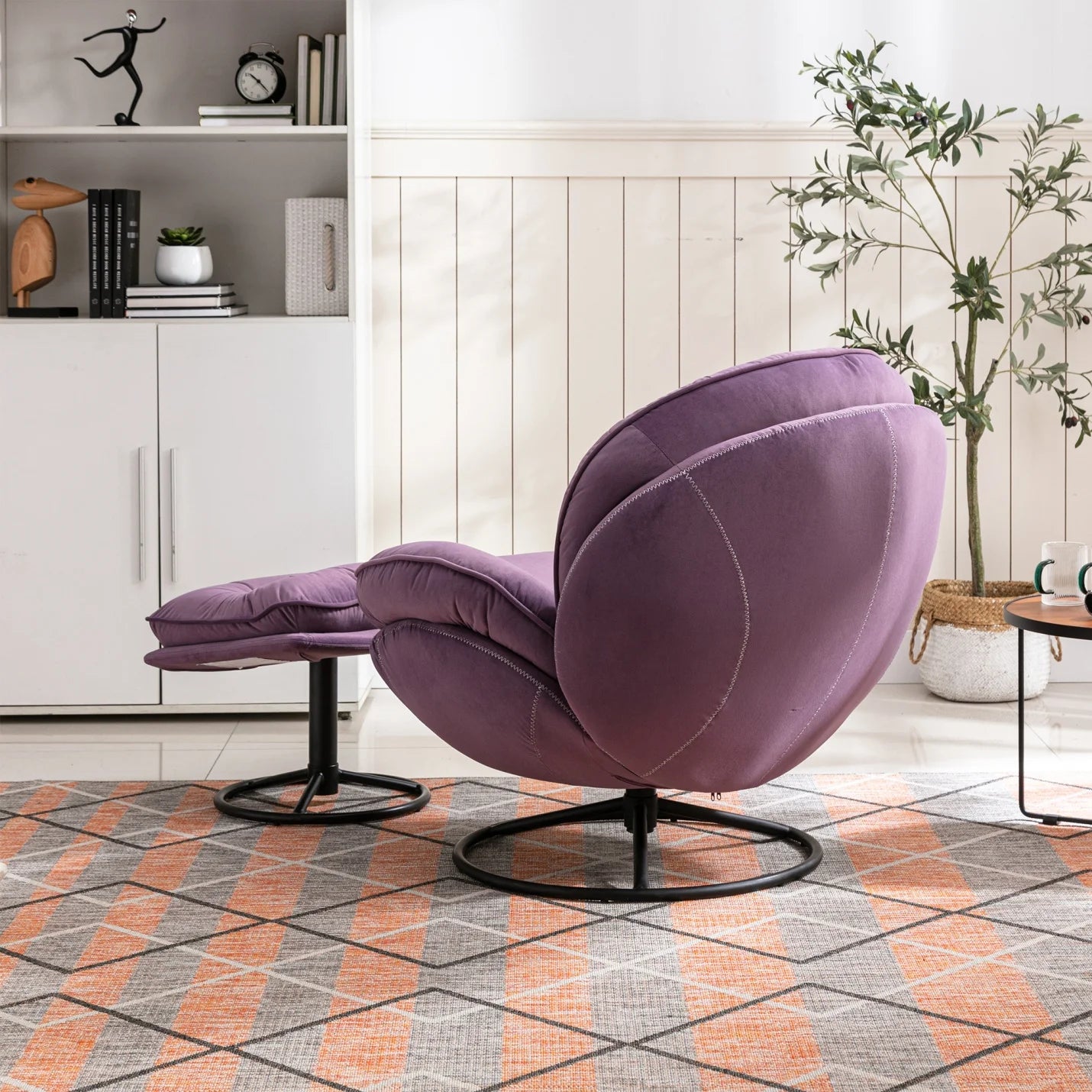 Velvet Swivel Accent Chair with Ottoman, Modern Chaise Lounge Chair with Metal Frame and Footstool, Comfy Armchair Reading Chair for Living Room Bedroom Office, Blue