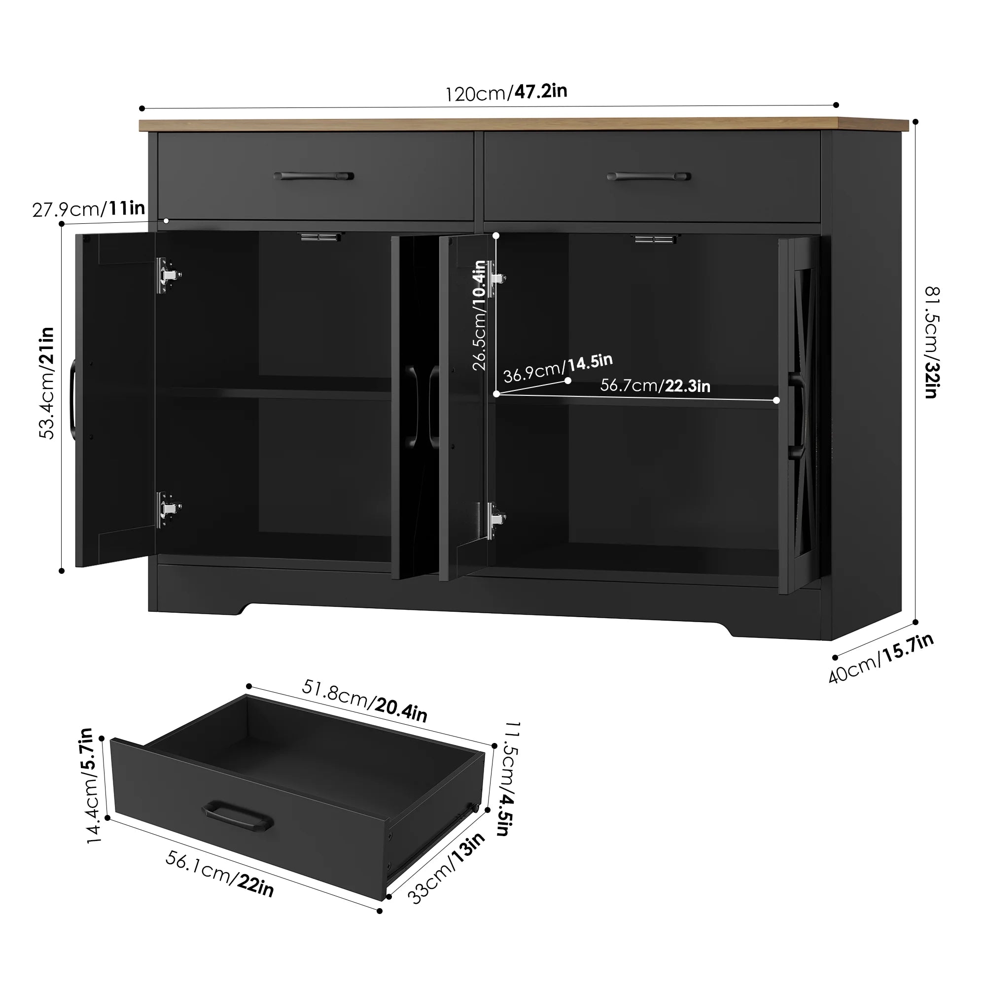 Hiphuta 47"farmhouse Sideboard Storage Cabinets with 4 Doors & 2 Drawers, Coffee Bar with Brown Top for Living Room, White