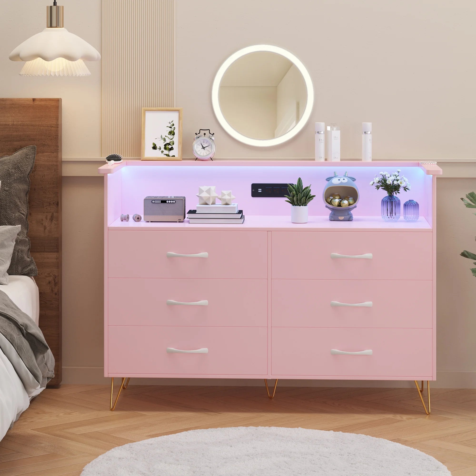 Garvee Dresser for Bedroom 6 Drawer with LED Light & Charging Station, Wooden Dressers and Chests of Drawers with 2 - Tier Open Shelves, Wide Dresser Organizer for Living Room Hallway Entryway, Pink