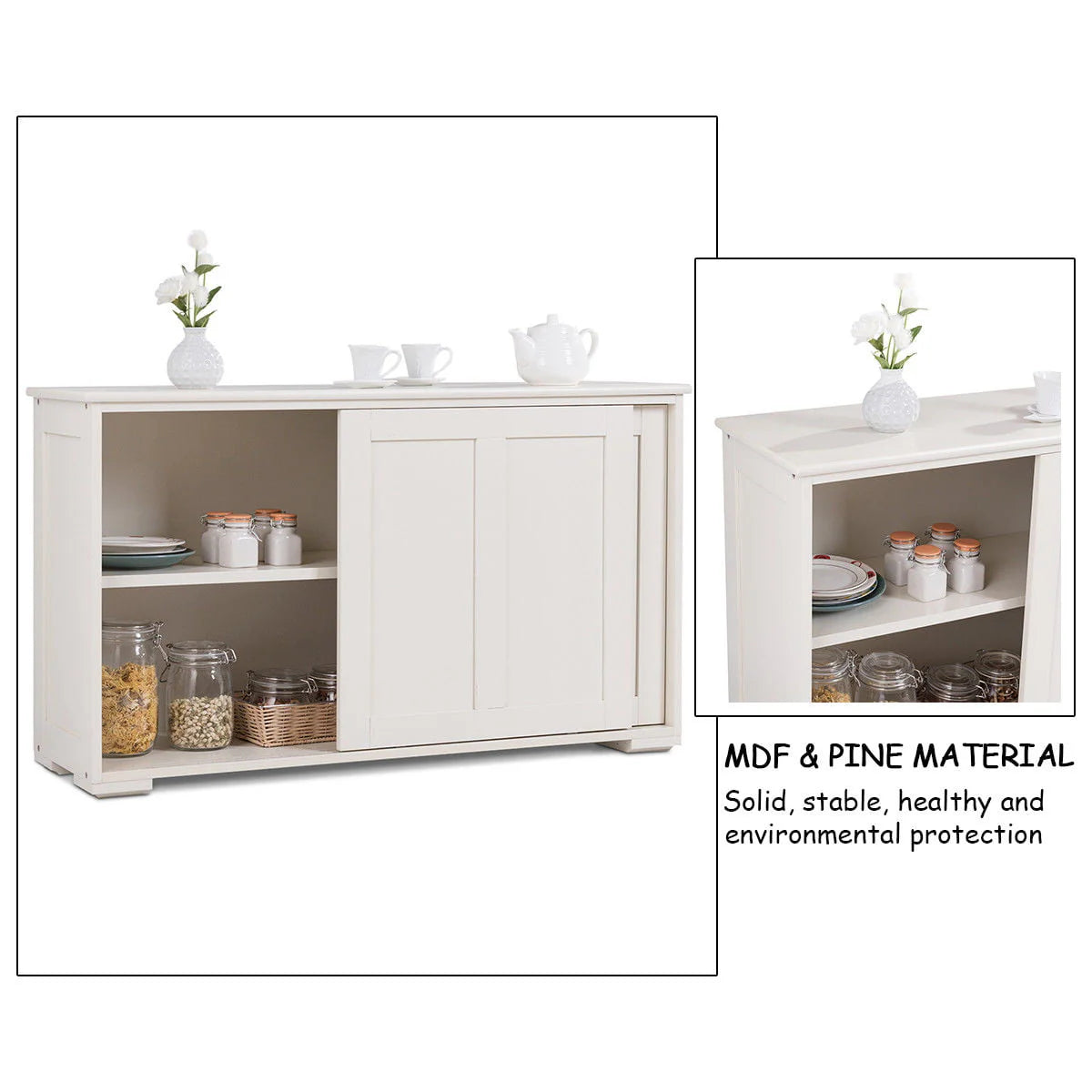 Costway Kitchen Storage Cabinet Sideboard Buffet Cupboard Wood Sliding Door Pantry Cream White