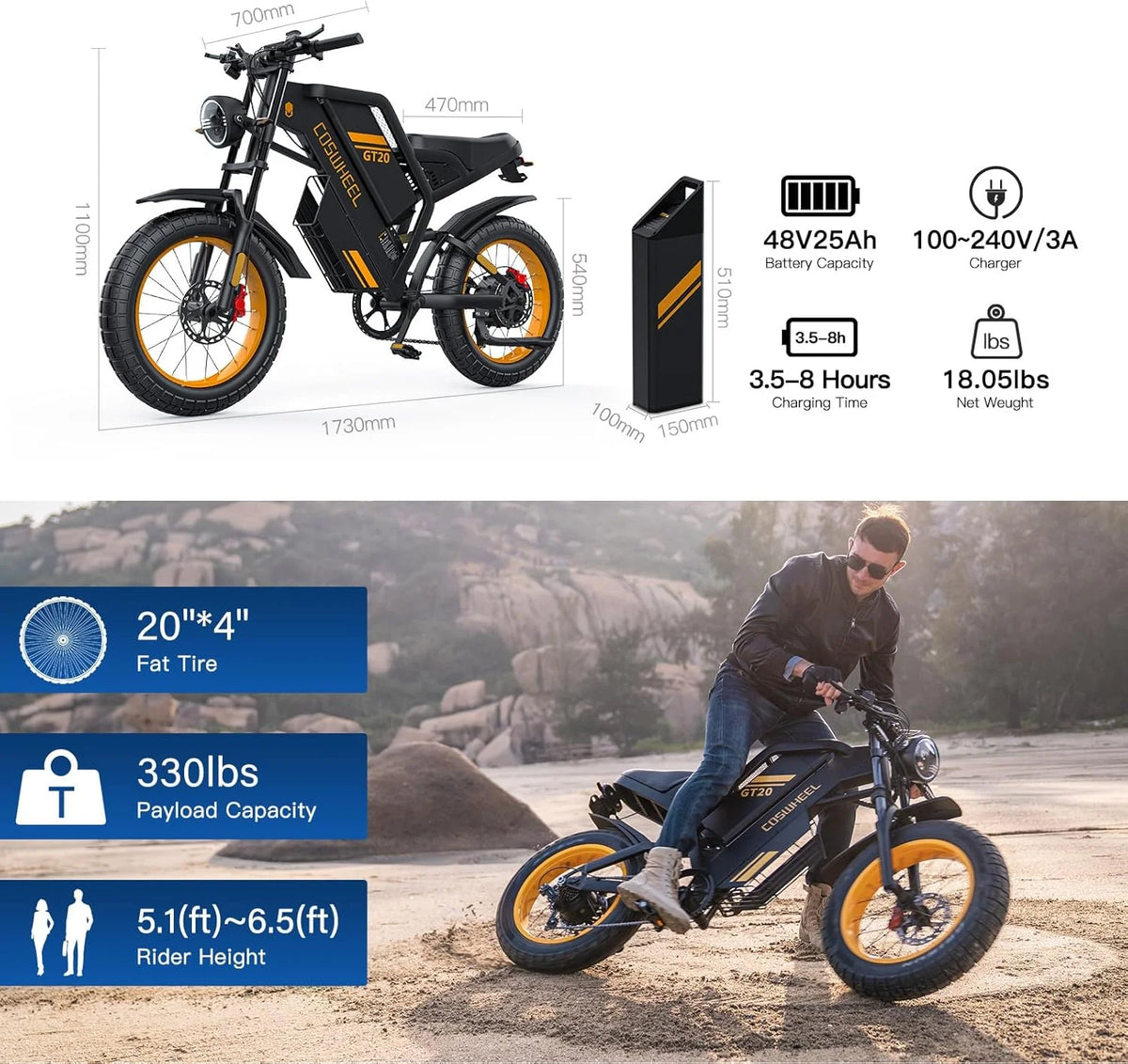 COSWHE GT20 Electric Bike for Adults, Electric Dirt Bike with 1500W Motor 48V/25ah Removable Battery, up to 31MPH & 93 Miles, Electric Motorcycle with 7 - Speed, 20" x 4.0 Fat Tire Ebikes for Adults