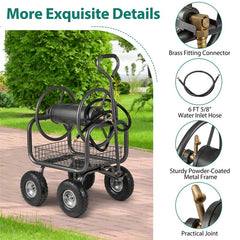 Portable Garden Hose Reel Cart Holds 300FT of 5/8" Large Capacity, Heavy-Duty Metal Hose Cart with 4 Wheels & Storage Basket for Lawn Yard