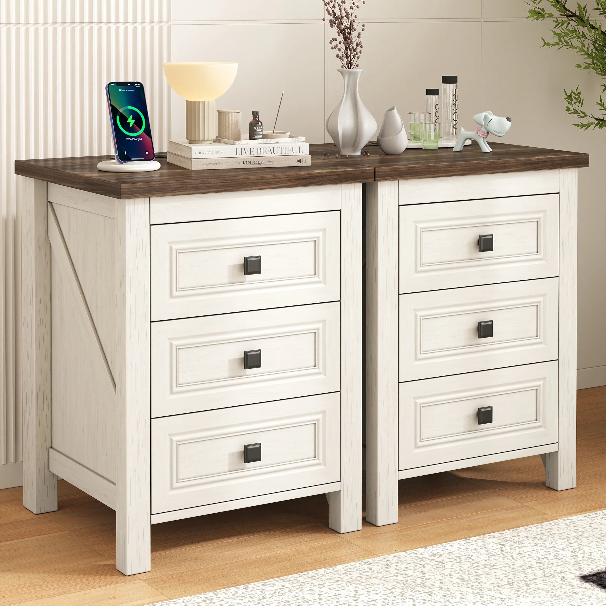 IDEALSOUL Nightstand, Bedside Table with Charging Station, Farmhouse 3 Drawer Nightstand Rustic Night Stand End Tables for Bedroom Living Room, Gray