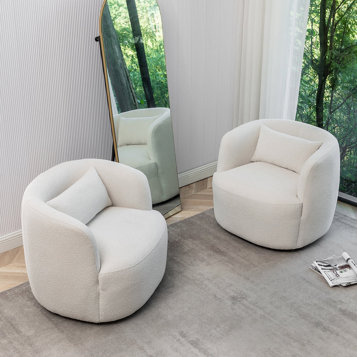 34" Wide Boucle Swivel Barrel Chair, No Assembly Round Upholstered Armchair Accent Chair Single Sofa Chair with Toss Pillow for Living Room and Bedroom, Taupe