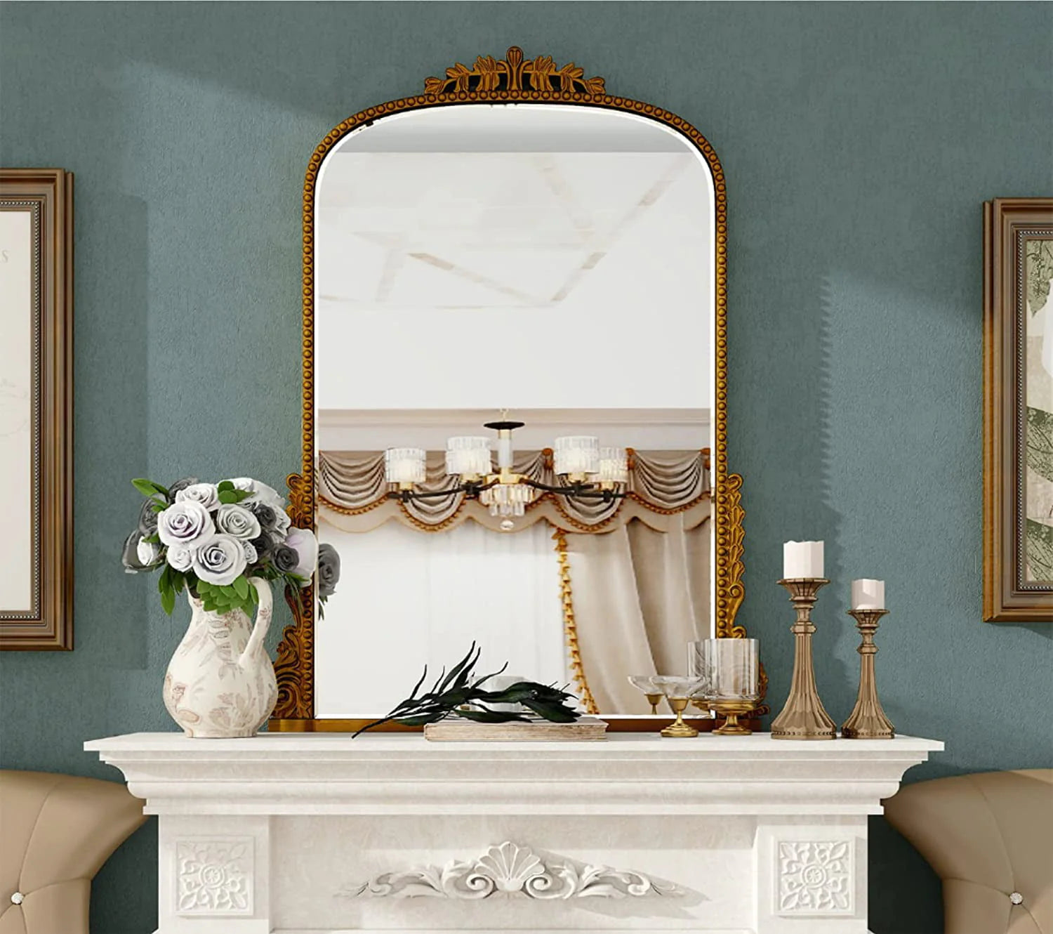 Traditional Baroque Arch Wall Mirror Antique Gold Mirror Wall Decor for Living Room Home 31.5" x 23.6''