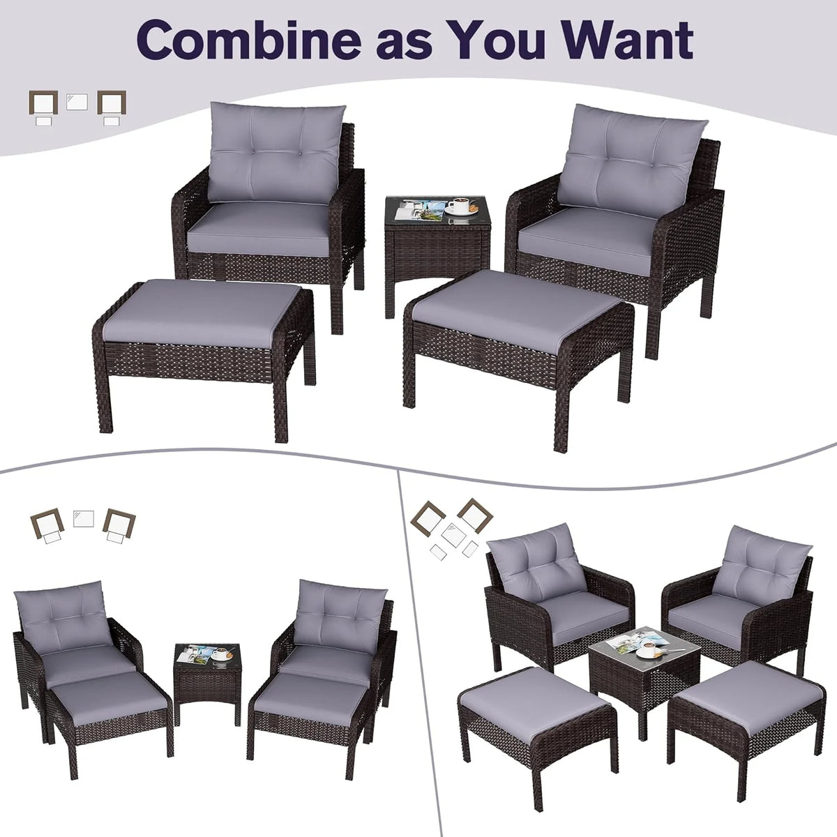 AECOJOY Outdoor 5 Pieces Patio Furniture Set, PE Rattan Wicker Chairs with Ottoman and Table, Brown/Grey