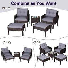 AECOJOY Outdoor 5 Pieces Patio Furniture Set, PE Rattan Wicker Chairs with Ottoman and Table, Brown/Grey