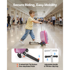 KFFKFF Ride - on Kids Luggage, 20 L Capacity, 20 - Inch Scooter Suitcase with Flashing PU Wheels, Adjustable Handle & Non - Slip Grip, Foldable and Lightweight Travel Companion for Children Aged 5+, Purple